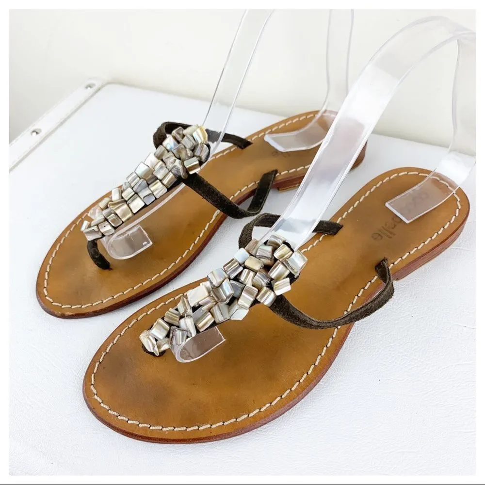 Cocobelle Brown Suede Leather Stone Beaded Thong Flat Sandal 10‎